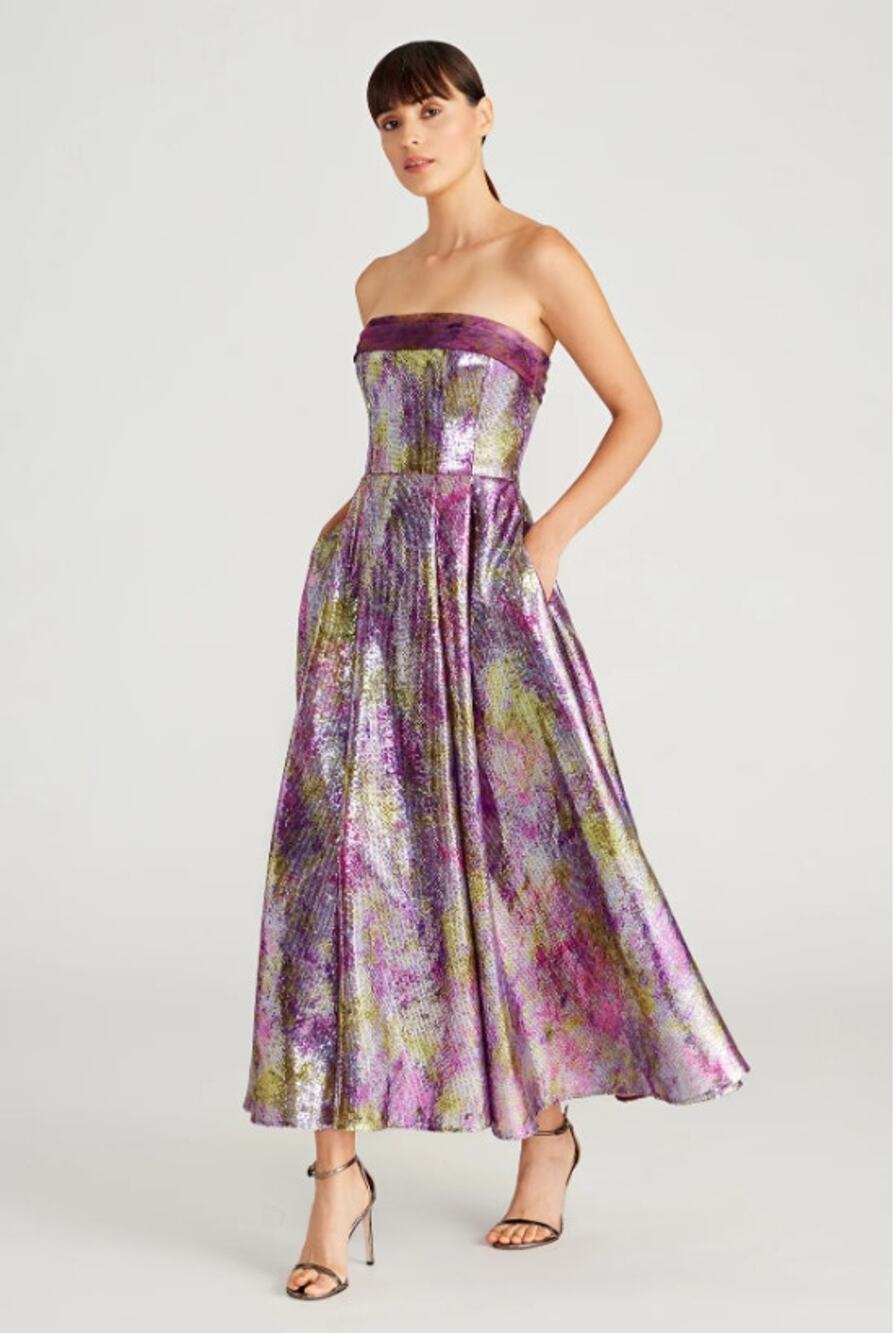 Theia Eve Sequin Strapless Dress Abstract Wisteria Midi Length 6 NEW $745